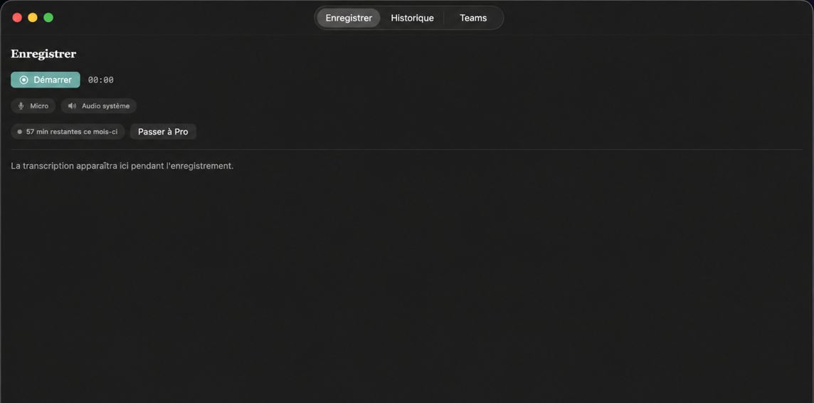 Fenêtre Enregistrer sur Mac, avec les sources micro et audio système