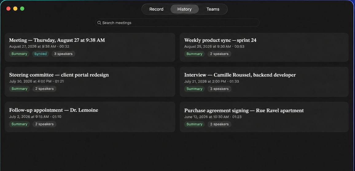Dictalia on Mac: the history of recorded meetings, with search