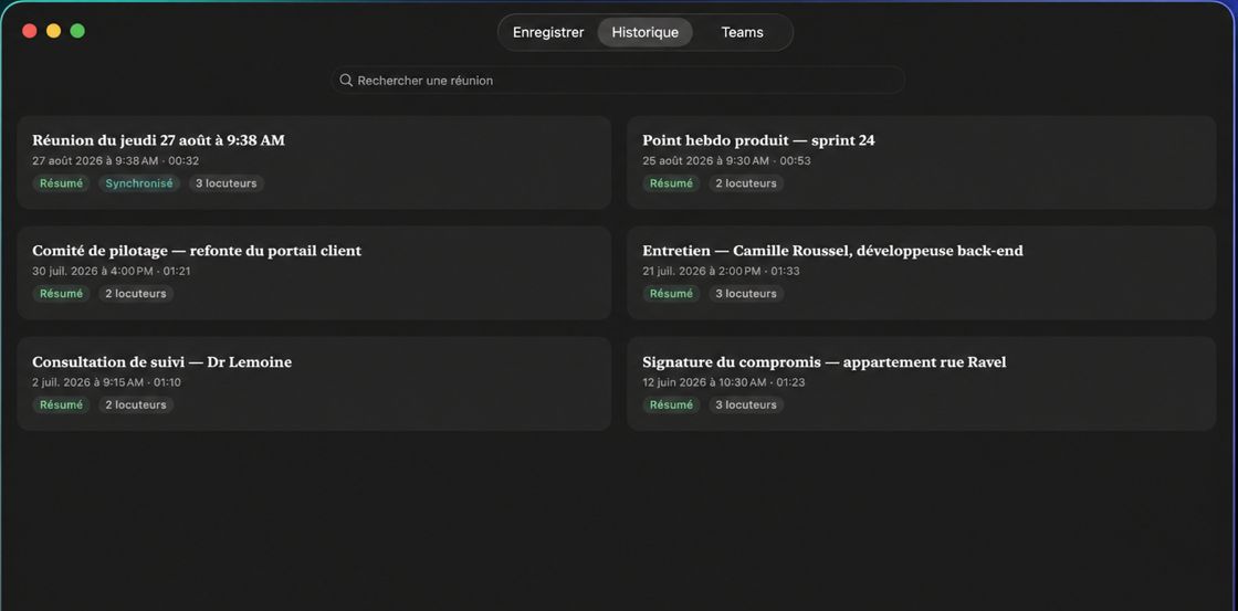 Dictalia sur Mac : l'historique des réunions enregistrées, avec recherche