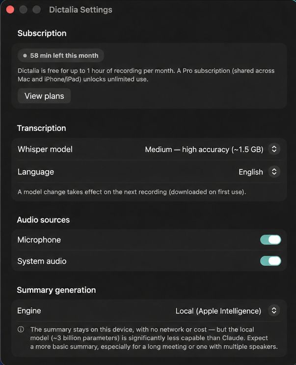 Dictalia settings on Mac: subscription, Whisper model, audio sources, summary engine