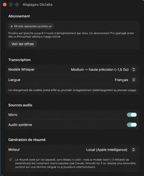 Réglages Dictalia sur Mac : abonnement, modèle Whisper, sources audio, moteur de résumé