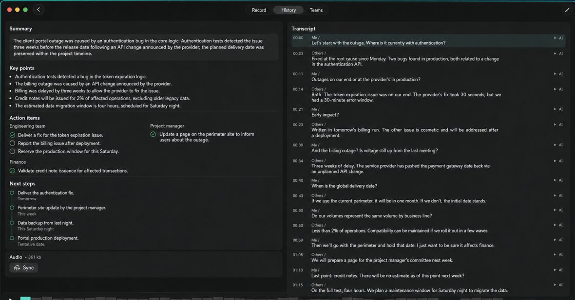 The Dictalia window on Mac: the structured summary of a steering committee on the left, the timestamped transcript line by line on the right