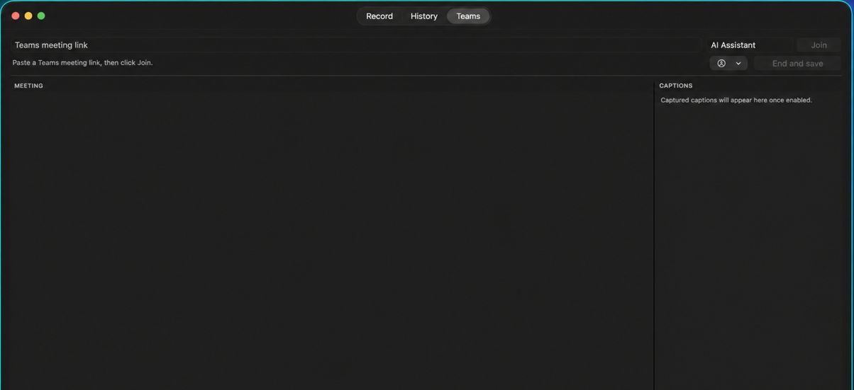 Teams tab on Mac: meeting link field, live subtitles and AI assistant