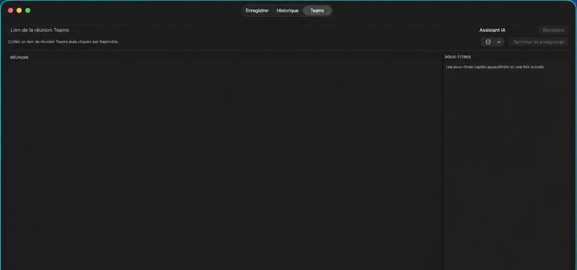 Onglet Teams sur Mac : champ de lien de réunion, sous-titres en direct et assistant IA