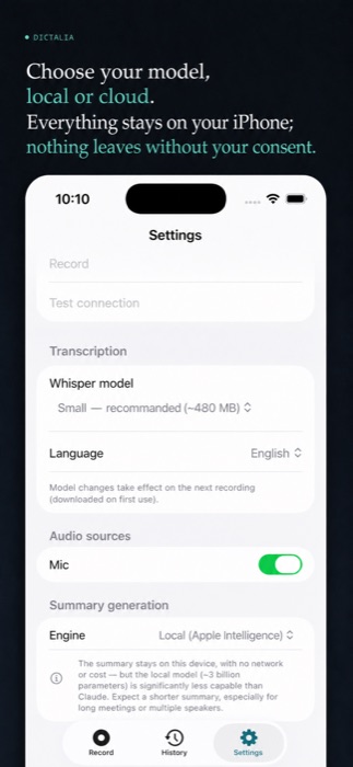 Settings: choice of transcription model and summary engine