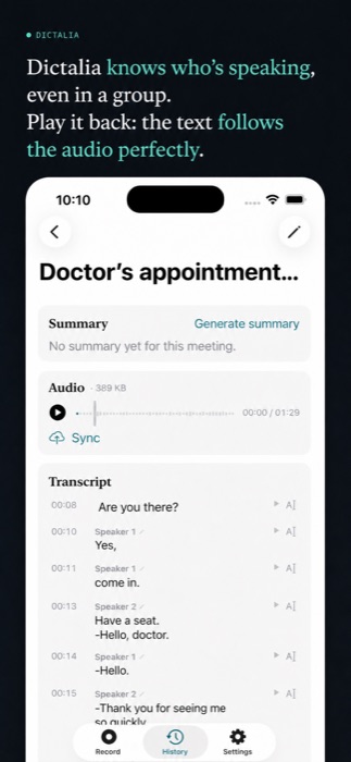 Transcript with speakers told apart and synced audio playback